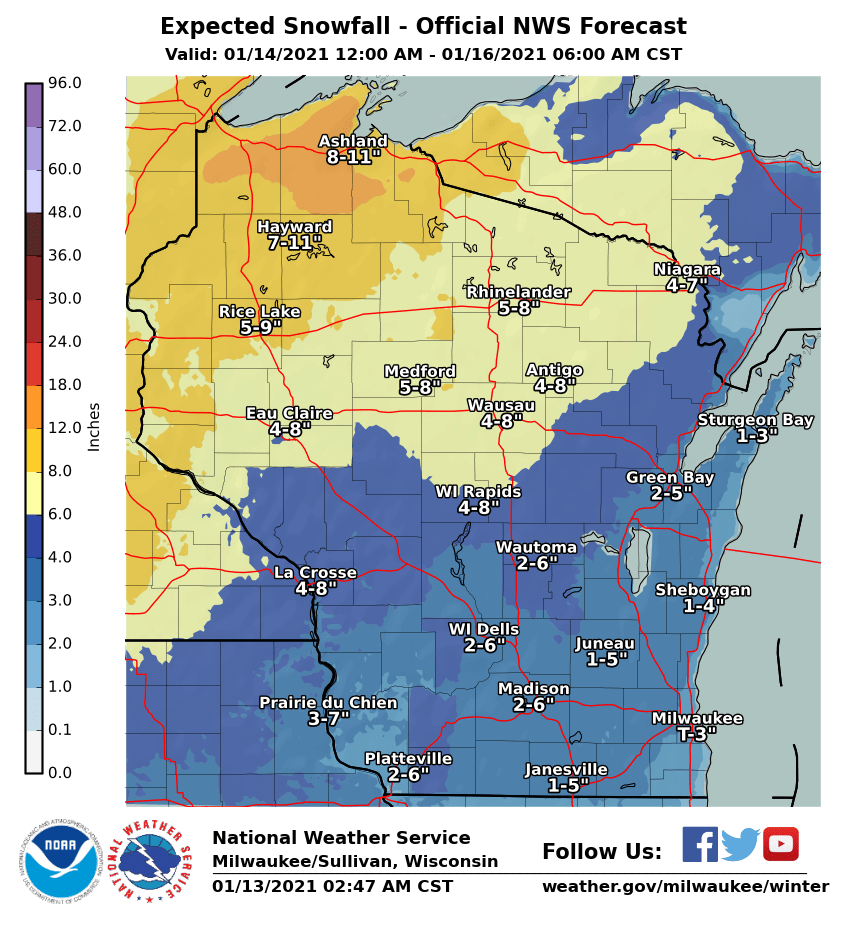 Statewide snow totals by National Weather Service